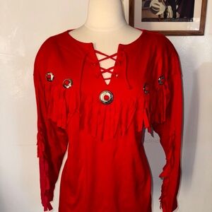 90s Western Fringe Red Cotton Sweater